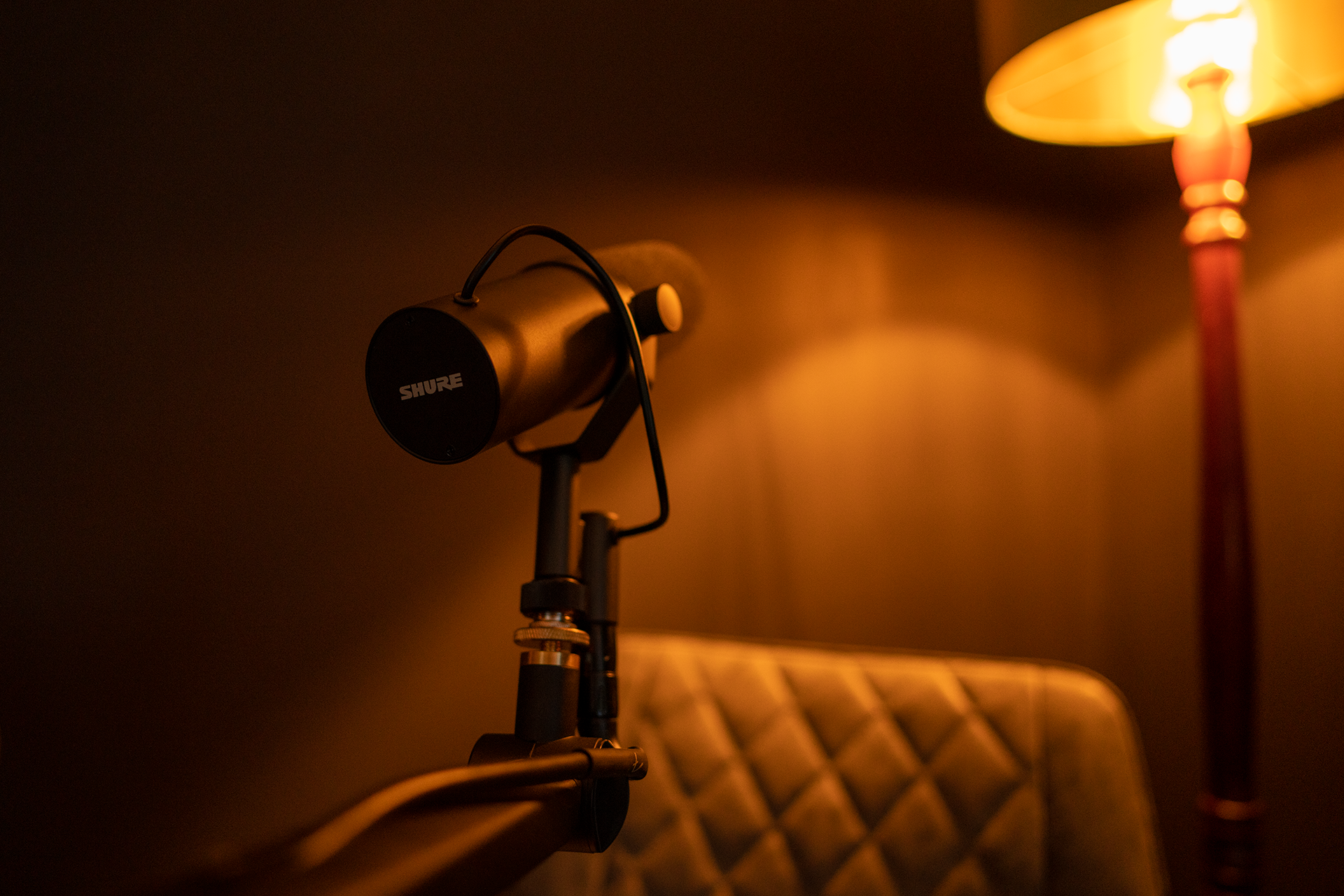 Audio podcast recording setup in the Material Studios podcast room